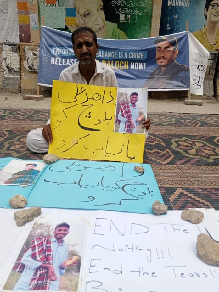 Baloch family holds protest for 34th day over son’s enforced disappearance by Pakistani forces