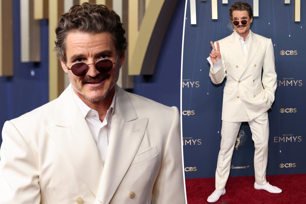 Pedro Pascal looks sharp in head-to-toe white on Emmys 2025 red carpet
