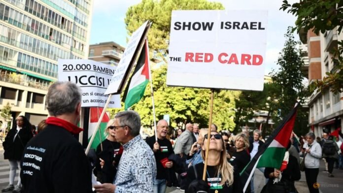 Pro-Palestinian protesters rally against Italy v Israel World Cup qualifier
