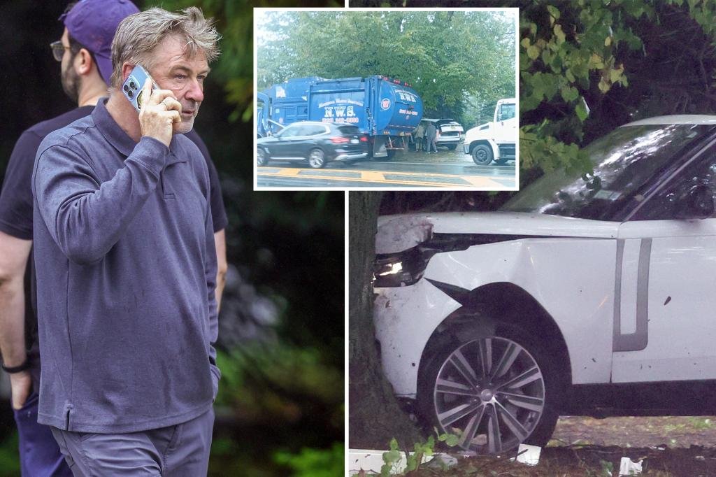 Alec Baldwin blames garbage truck ‘size of a whale’ and ‘big fat tree’ for smashing wife Hilaria’s car in the Hamptons