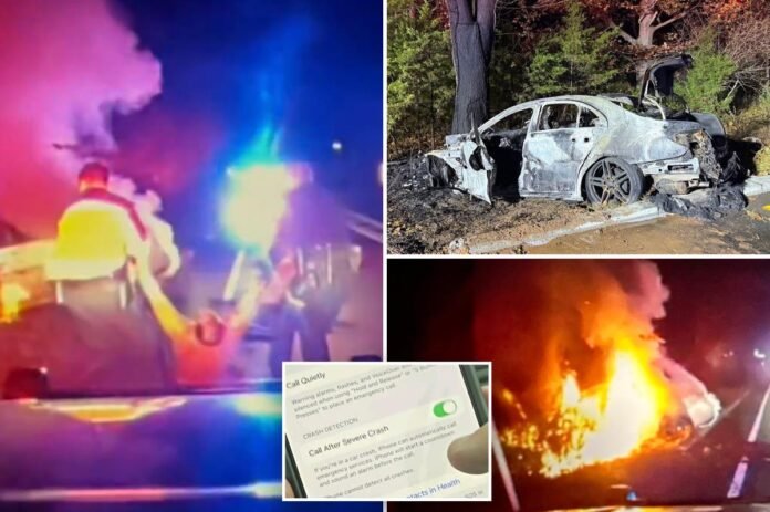 Dramatic video shows hero cops pulling unconscious driver from fiery NJ wreckage — after phone saved his life