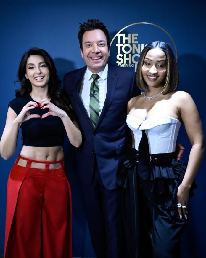 Nora Fatehi poses with Jimmy Fallon as she makes her debut on ‘The Tonight Show’