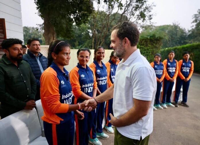 ‘India is proud of these champions’: Leader of Opposition Rahul Gandhi meets blind women’s WC-winning team