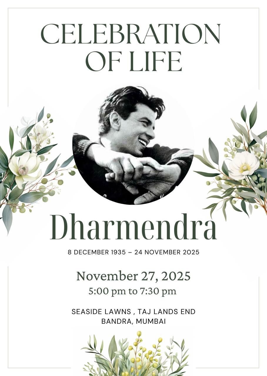Late Dharmendra's prayer meet, “Celebration of Life”, to be held on Nov 27