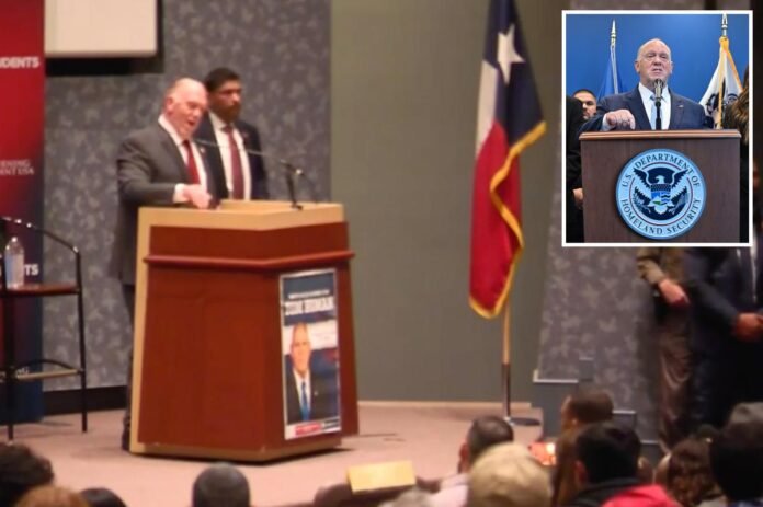 White House border czar Tom Homan erupts at heckler who calls him racist during TPUSA event speech