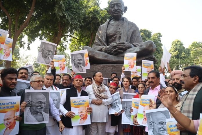 ‘Insult to Mahatma Gandhi’: Oppn protests outside Parliament against move to replace MGNREGA